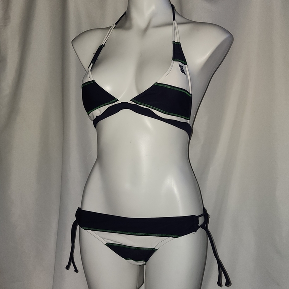 Other - Navy & White Striped Triangle Bikini with Green Stitching